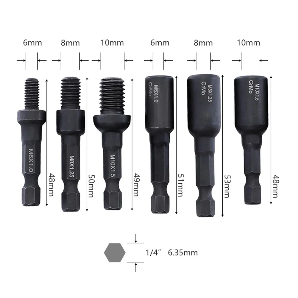 Self-Tapping Socket Adapter 1/4 Inch Hex Shank Power Drill Tools M6 M8 M10 6-10mm