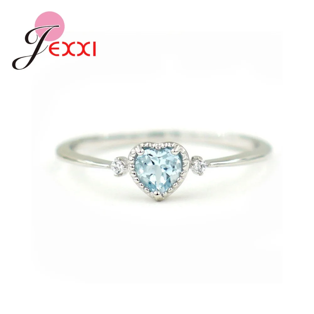 Romantic Ocean Blue Austrian Crystal Excellent Cutting Heart Charm Rings Simple Original 925 Sterling Silver Band for Lover Gift