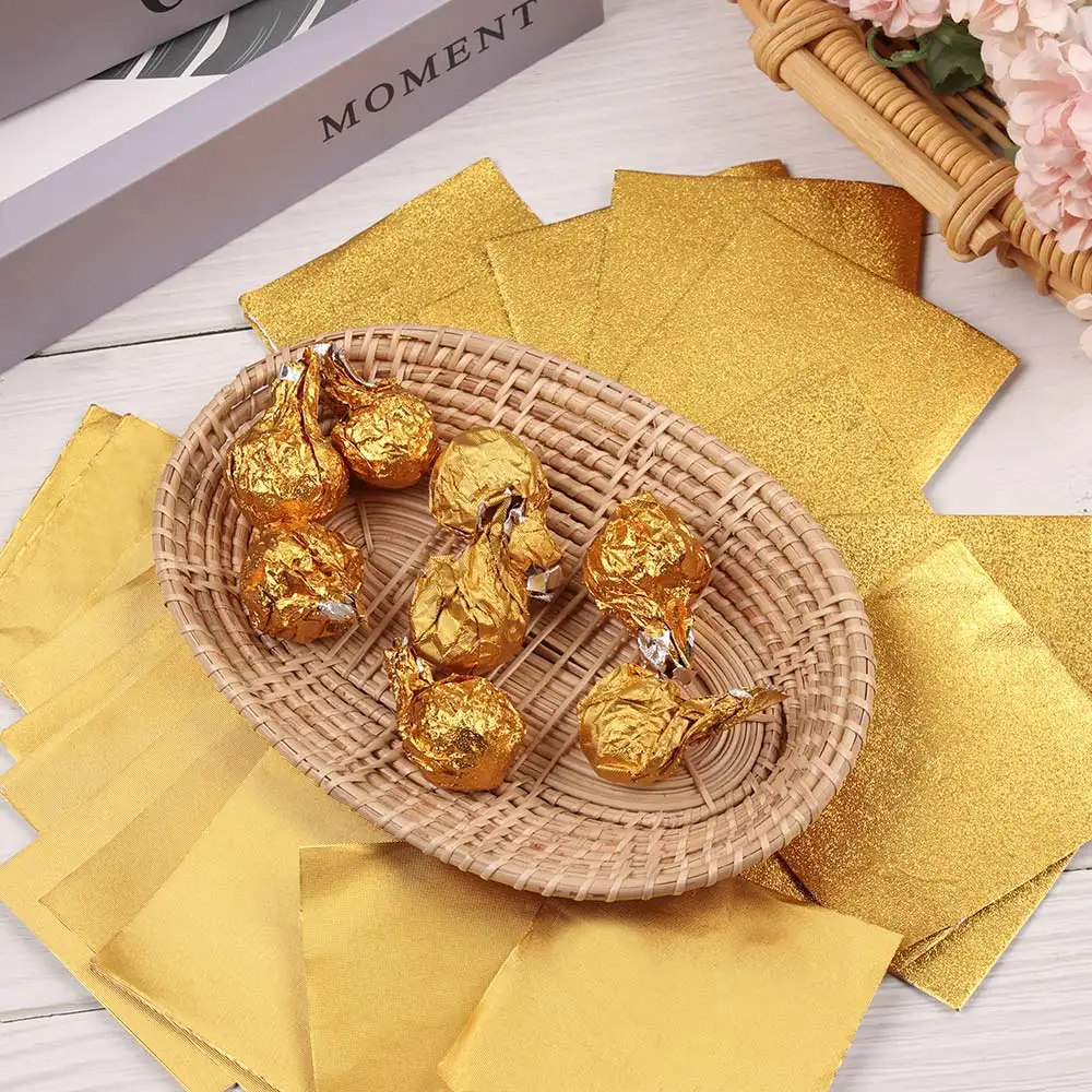 100PCS Golden Aluminum Foil Candy Chocolate Biscuits Wrapping Paper Metal Embossing Gift Craft Wedding Paper Packaging