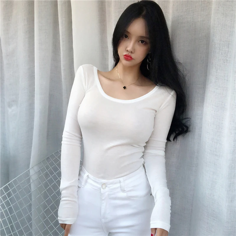 Summer Women Cotton T Shirt Long Sleeve Black White Casual Tee Shirt Femme Female Slim Sexy See Through Tops Fashion Clothes