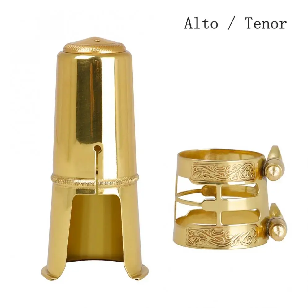 Alto Tenor Saxophone Mouthpiece Cap &Carved Metal Ligature Brass Gold Plated Protective Replacement Cap