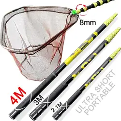 JOSBY 4m 3m 2.1m 3.6m Carbon Fishing Rod Nets Collapsible Fishing Tools Rhombus Mesh Hole Depth Folding Nylon Landing Dip Net