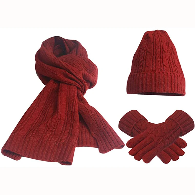 Women\'s Scarf Sets Winter Hat Scarf Gloves Knitted Keep Warm Scarves Simple Solid Color Clothes Accessories Thick Soft Scarf Set