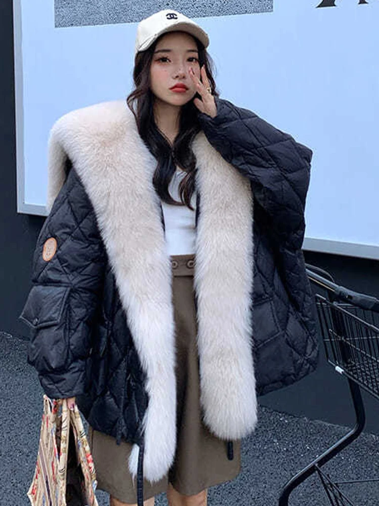 KBAT 2024 Winter Duck Down Jacket Bat Sleeve Women Oversized Coat Fluffy Faux Fur Warm Parkas Big Fur Women Waterproof Outerwear