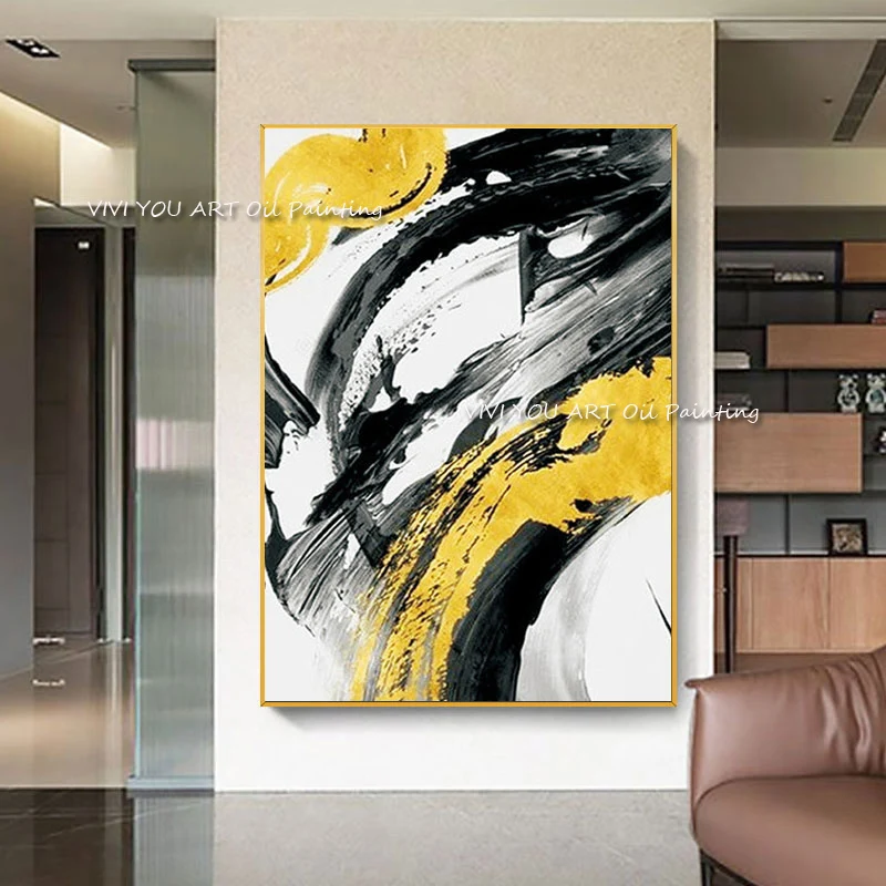 Bold Black‑Gold Abstract Canvas, Dramatic Brush‑Stroke Layers, Hand‑Painted Vertical Art For Striking Modern Entryway
