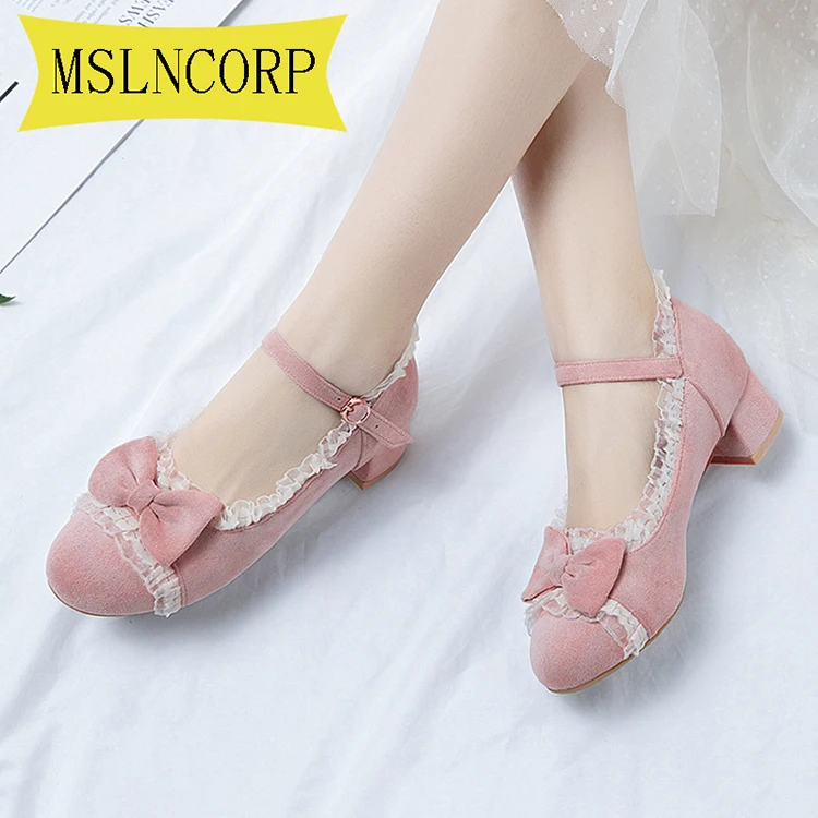 

Big Size 34-43 Girls Sweet Lolita Ruffles Bowknot Lace Bridal Wedding Buckles Shoes Women High Heel Bordered Princess Dress Pink