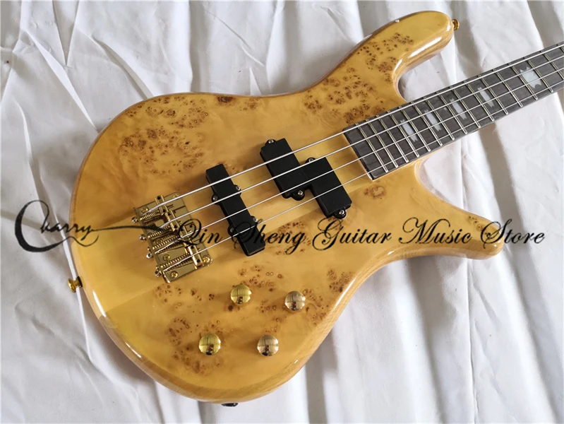 4 String Bass Guitar Spe Bass Burl Maple Top Maple Neck Through Ash Body Fixed Bridge Gold Tuner Active Battery