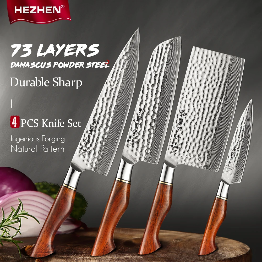 HEZHEN 1-4PC Kitchen Knife Vacuum Deep Freezer Heat Treatment 73 Layers Powder Steel Sharp Cook  Tools Gift Box Slice Knives