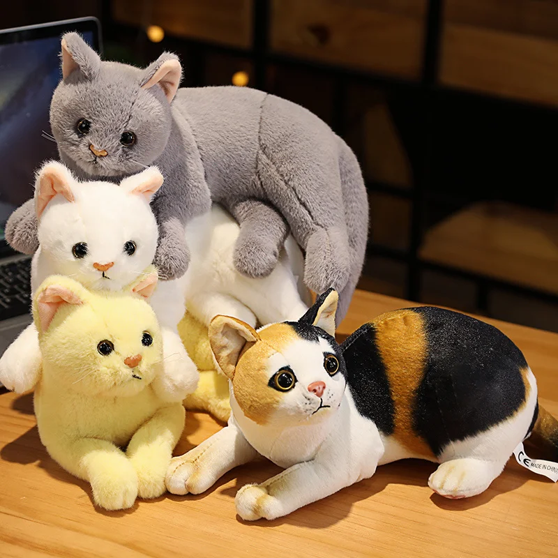 

4 Styles Stuffed Lifelike Tricolor Cats Plush Toy Simulation Cute Cat Doll Animal Pet Toys For Children Home Decor Baby Gift