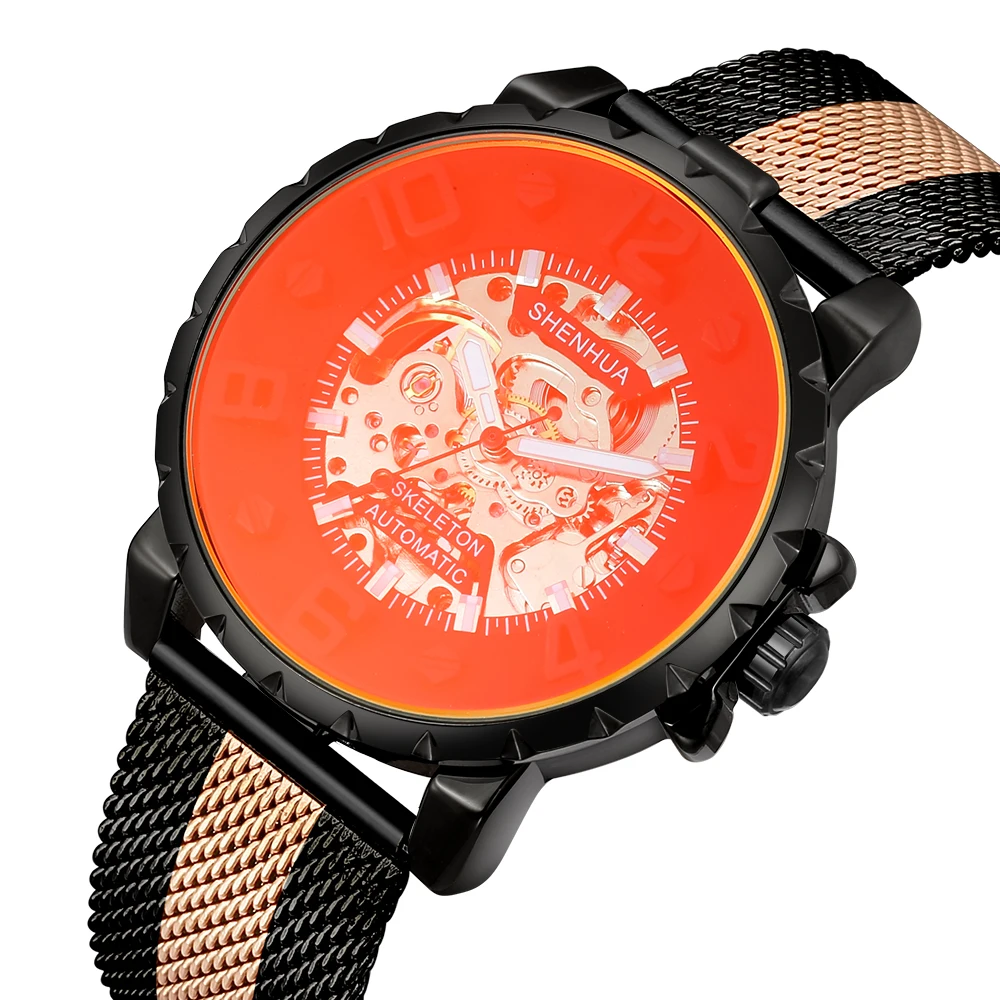 Orologio meccanico automatico da uomo scheletro Steampunk creativo quadrante rosso trasparente orologi da polso da uomo in pelle marrone