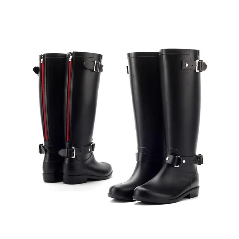 Rouroliu Waterproof Motorcycle Rain Boots Women Knee-High Back Zip Rainboots Woman Water Shoes Wellies Plus Size TS30