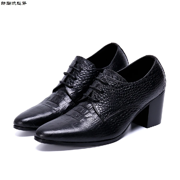 

High Heels Crocodile Pattern Genuine Leather Men Oxford Shoes Pointed Toe Men Dress Shoes Big Size Lace Up Formal Shoes US13