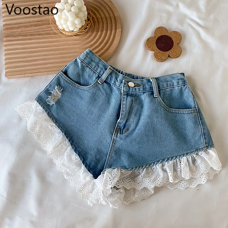 Conjuntos de shorts jeans estilo doce lolita para mulheres, bandagem sexy de renda, camisola, tops, jeans babados, calças curtas para meninas, 2 peças, verão