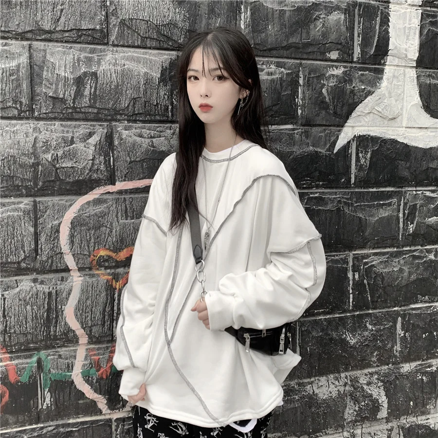 Y Demo Harajuku Streetwear Women Long Sleeve T-shirt Casual O-neck Irregular Patchwork Sweatshirt Oversized Fleece