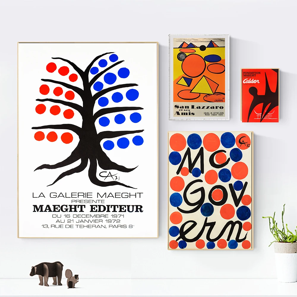 Alexander Calder series of abstract art exhibition posters, black shadows, tigers and reds and smiling moon canvas paintings