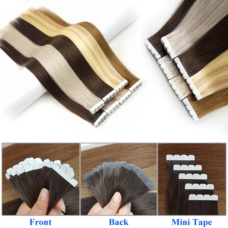 ShowCoco Mini Tape in Human Hair Extensions Virgin Remy Natural 2-3Years Double Sided Real Hair Skin Weft Balayage Tape on Hair