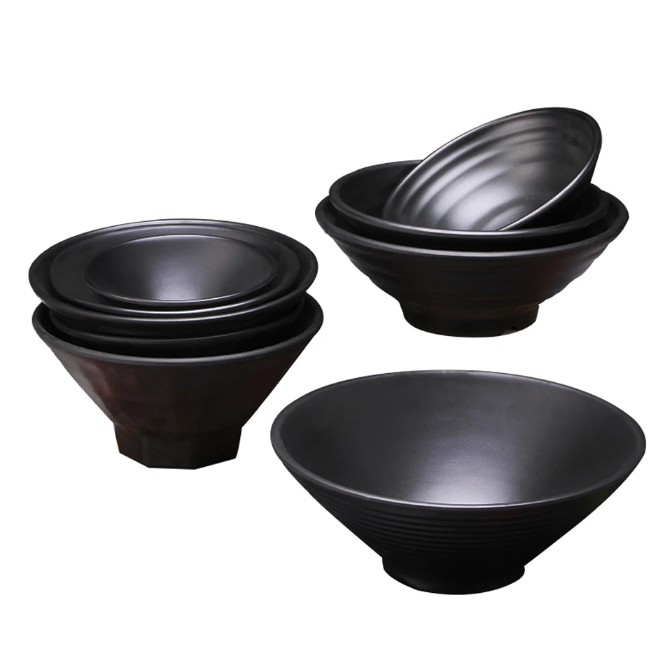 Frosted Black Melamine Noodle Bowl Restaurant Large Ramen Soup Bowl Plastic Imitation Porcelain Powder Rice Noodle Bowl