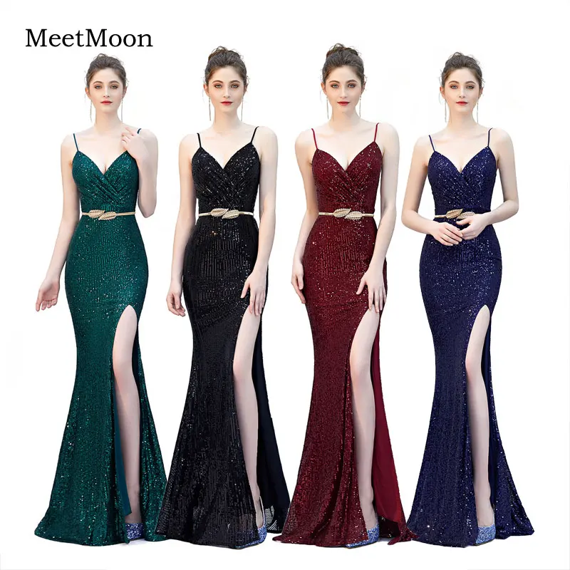 MeetMoon 2020 New Glitter Knit Sequined Formal Prom Dress Long Mermaid Pageant Gown Dance Dresses With Side Slit Robe De Soire