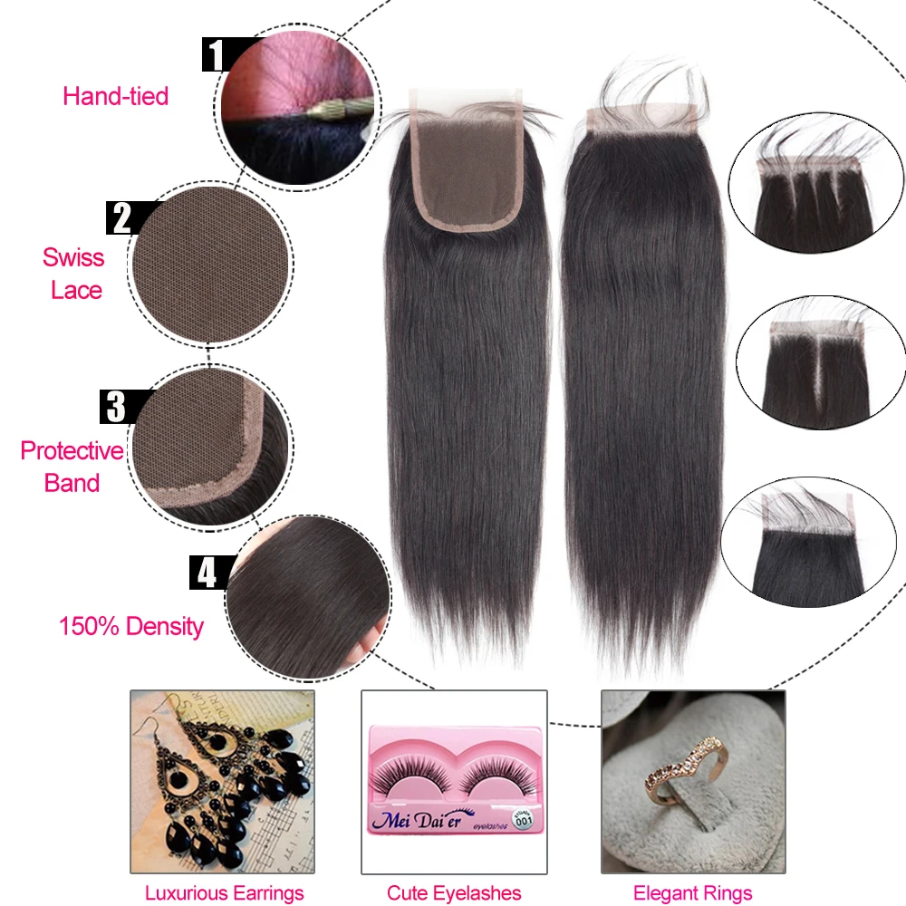 Perruque Lace Closure brésilienne Remy naturelle Body Wave, cheveux lisses, 4x4, longueur 24 pouces