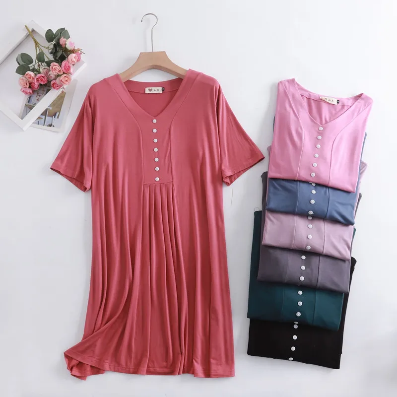 

Vestidos Mujer New Casual Loose Night Dress Women Sexy V Neck Nightwear Nightshirt Short Sleeve Modal Lady Summer Nightgowns