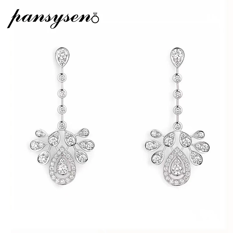 PANSYSEN Luxury 925 Sterling Silver Sparkling High Carbon Diamond Dangle Drop Earrings for Women Wedding Party Fine Jewelry Gift