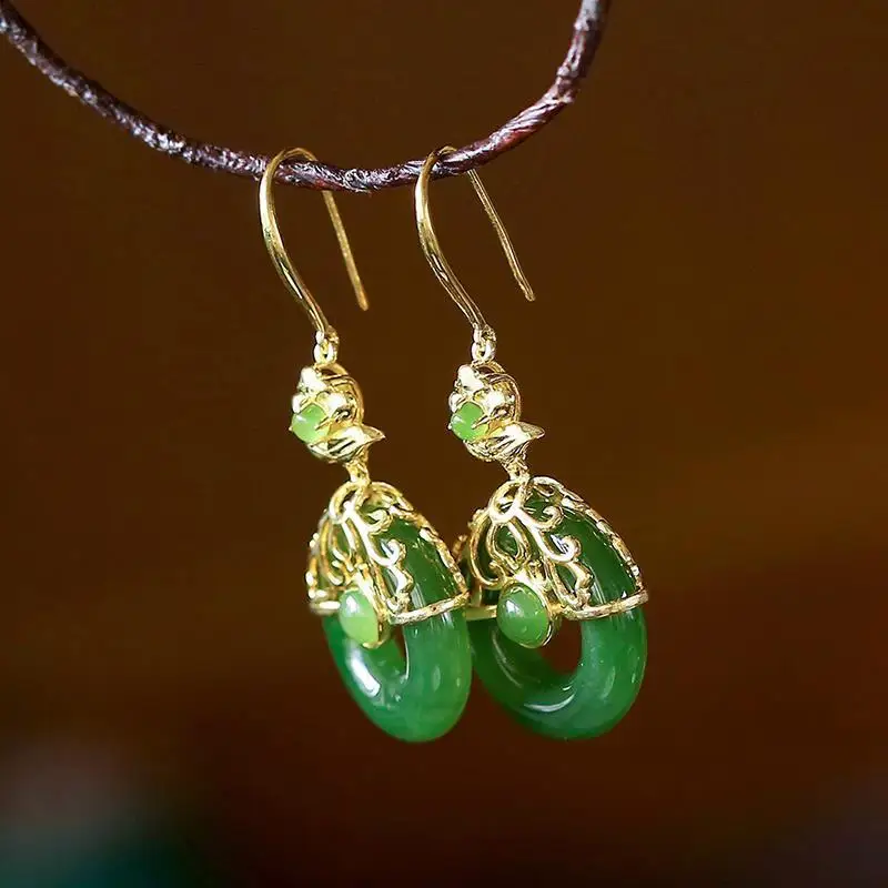 Natural Hetian jade Jasper Earrings Chinese retro court style designer craft original charm women\'s brand silver jewelry