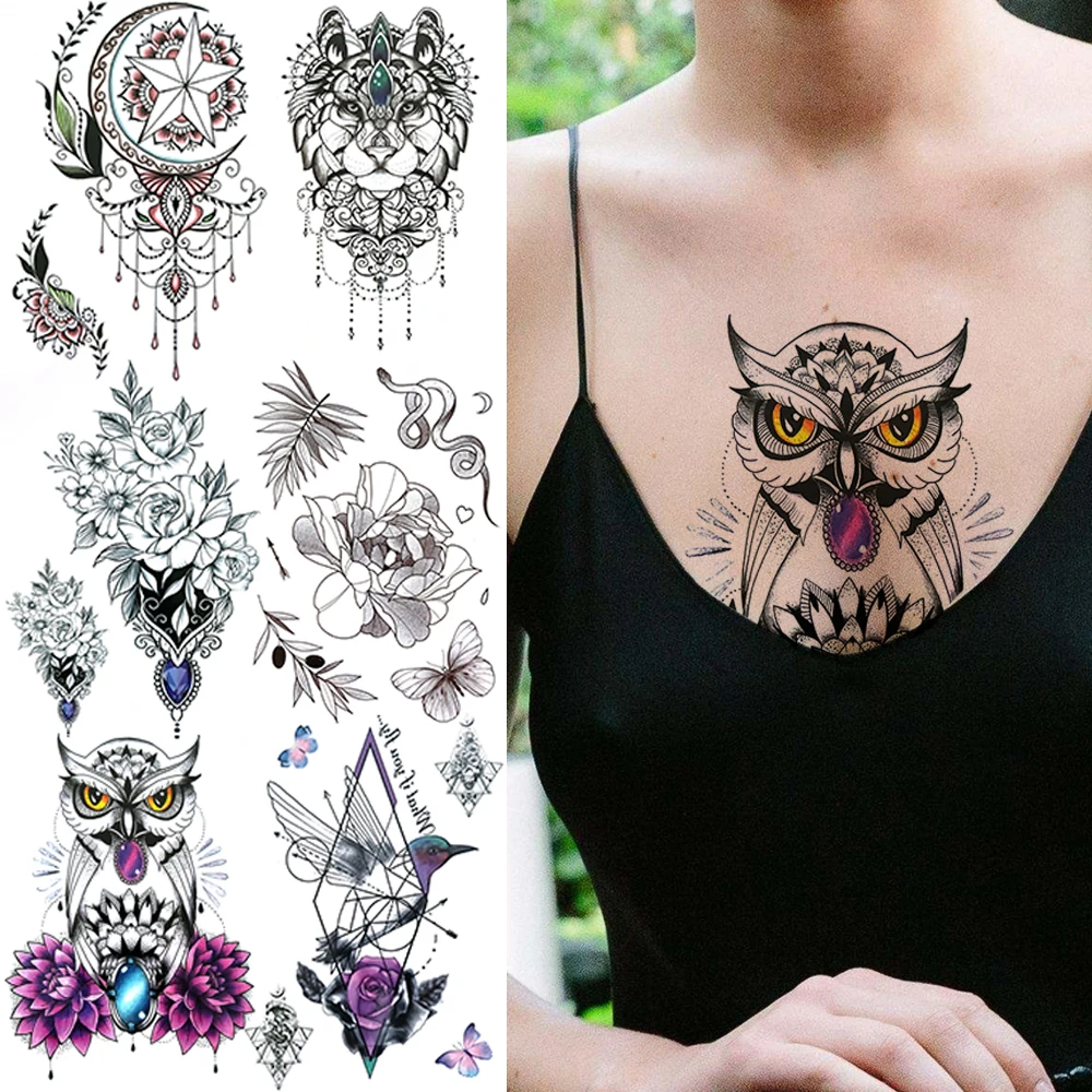 DIY Gem Owl Temporary Tattoos For Women Adults Realistic Lion Hummingbird Fake Jewelry Tattoo Sticker Unique Chest Tatoos Paste