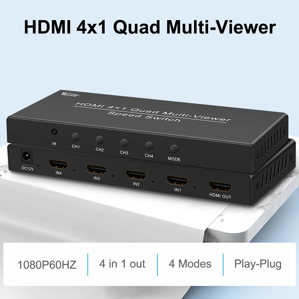 HDMI Multi-Viewer 4x1 Seamless HDMI Switch by IR Remote- 4 Ports, Supports up to 1080p, Security Camera, HDMI Switch 4 in 1 OUT