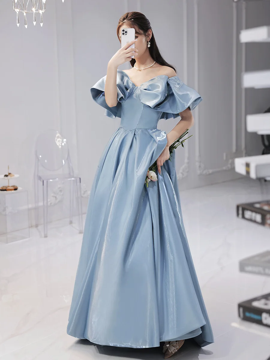 Korean Style Birthday Party Gowns Off Shoulder Strapless Graceful Evening Dress Floor-Length Sleeveless Bow Formal Prom Dresses