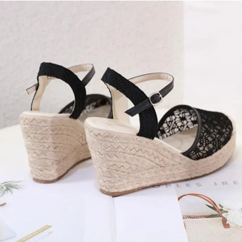 Women Summer Wedge Pumps Lace Air Mesh Sandals Ladies Ankle Strap Fisherman Sandal chaussure femme Straw Braided Female Wedges