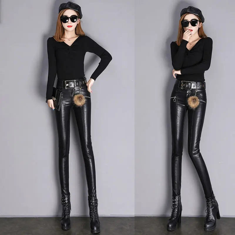 Womens Fashion Genuine Leather Pants 2020 Winter New Velvet Slim Pants High Waist Leggings Pencil Pants Leather Pants Pu Pants