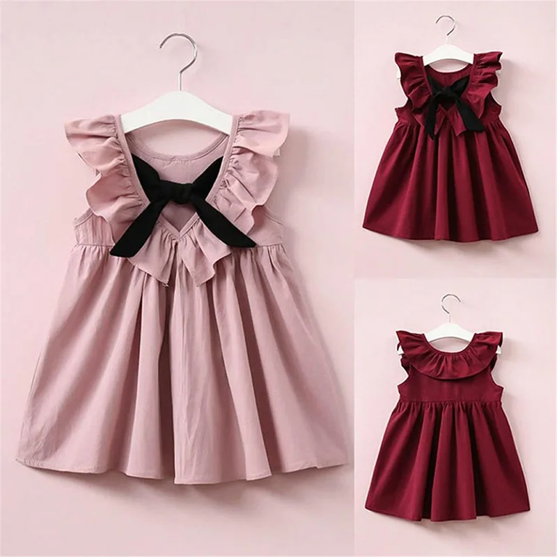 Cute Baby Girls Summer Sundress Bowknot Short Mini Vest Dress Toddler Kids Cotton Casual Dresses Sleeveless Outfit Red Pink