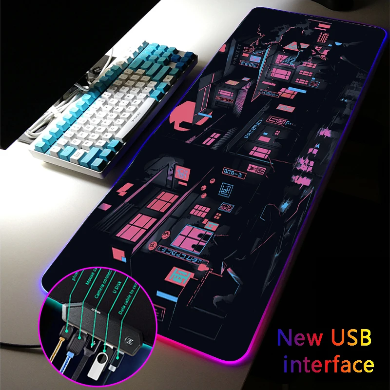 

MRGLZY RGB Gaming Mouse Pad LED 4-Port Mousepad Japanese Street Carpets XXL Large USB Hub Games Computer PC Mouse Mat for Csgo