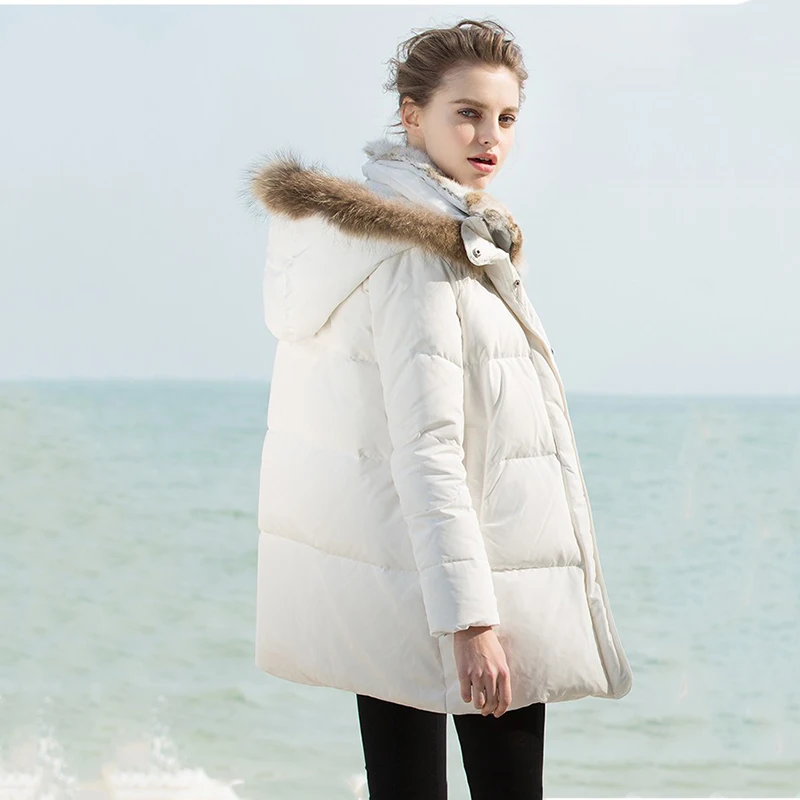 2020 Winter Jacket Women Europe White Duck Down Hood Parka Rabbit Liner Raccoon Fur Colllar Thick Coat Plus Szie HJ476