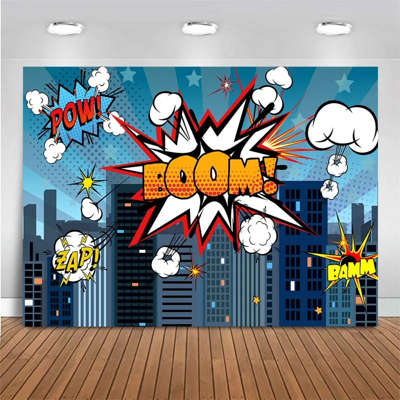 

Kids Cartoon Superhero Backdrop Newborn Baby Shower Photo Background Decor Customize City Night Buildings Photography Backdrop