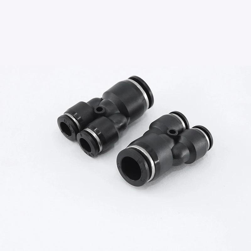 Black PW series 3-way quick connector Pneumatic Components including PW6-4, PW8-6, PW12-10, PW10-6, PW12-8,PW8-4