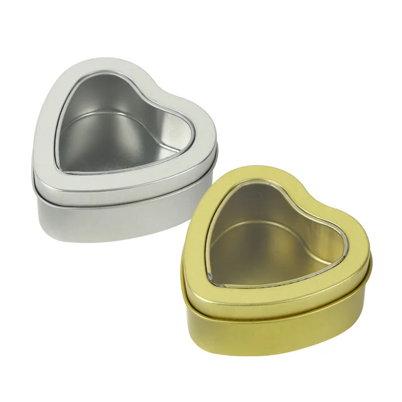 Heart Metal Tins Empty Heart Shaped Silver Glod Color Tins Box with Clear Window for Candle Making Candies Chocolate Storage Box