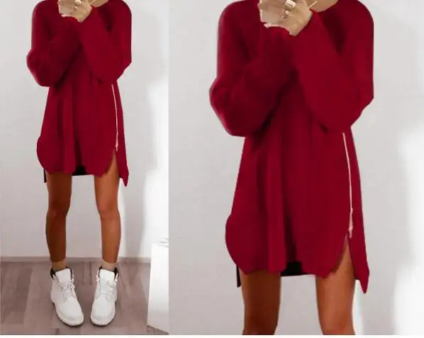 Women Long Sleeve Autumn Winter Knitted Zippers Side Jumper Sweater Dress Loose Tunic Baggy Dresses