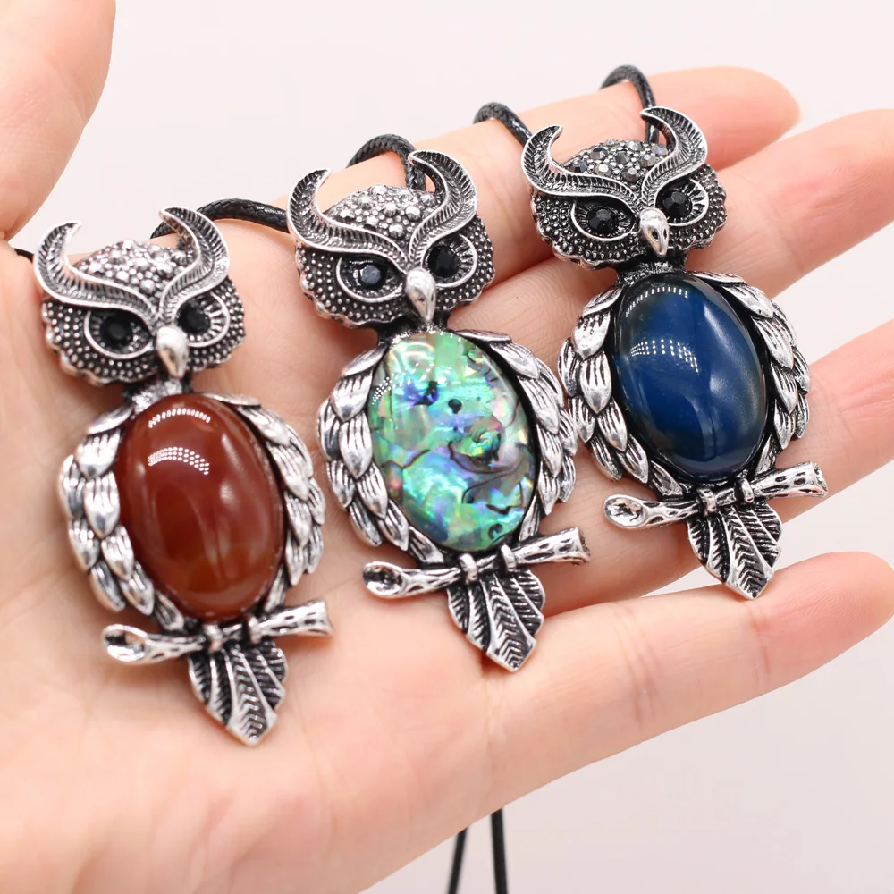 Cute Natural Stone Owl Shaped Pendant Necklace Crystal Rose Quartz Amethyst Turquoise Lapis Lazuli Neck Chain for Women Jewelry