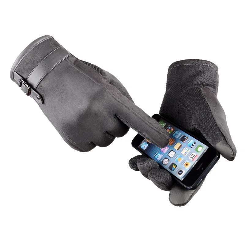 Men Driving Touch Phone Screen Mitten Cotton Suede Leather PU Belt Buckle Winter Plush Inside Warm Non-slip Cycling Glove I27