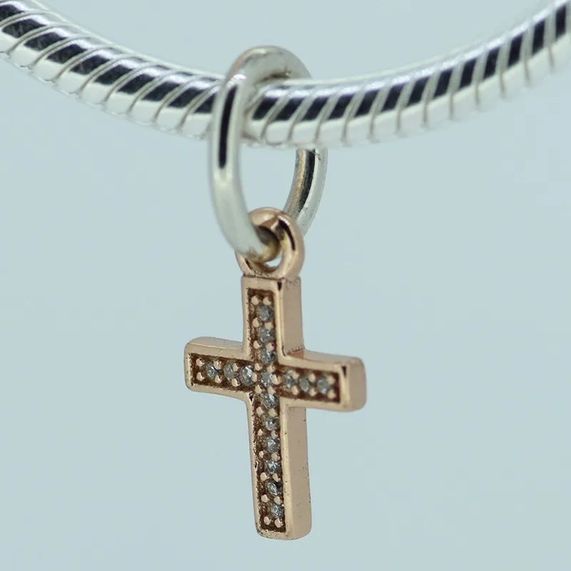 2 Designs Clear CZ Rose Golden & Silver Cross Pendant Crystal Charms for Silver 925 Original Charms Bracelets DIY Dangle Jewelry image 3