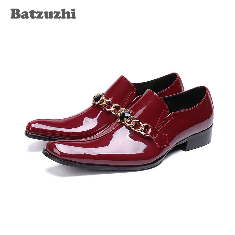 Batzuzhi Japanese Style Fashion Men Shoes Square Toe Patent Leather Dress Shoes Men Black/Red Formal Business/Party and Wedding