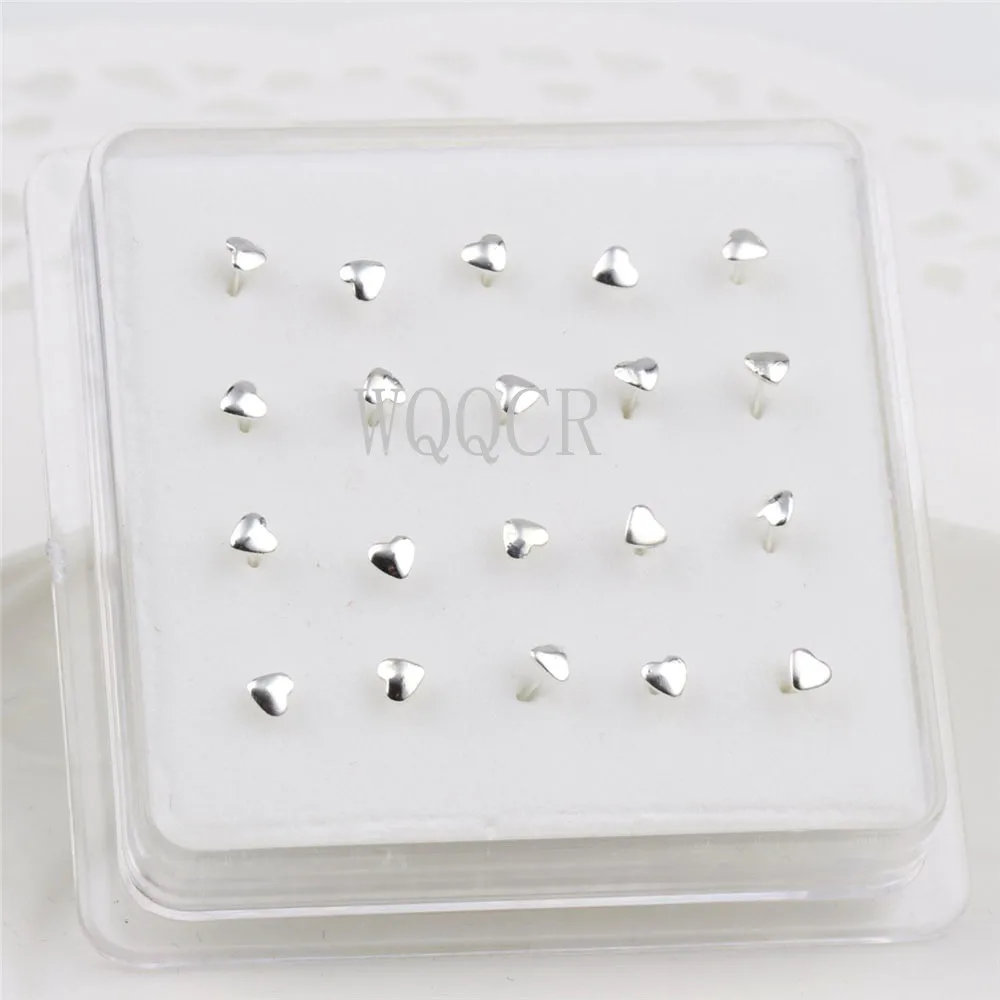 20PCS/Box 925 Silver Female Matte Heart Shaped Nose Prosthesis Piercing Jewelry Straight Needle Body Jewelry For Women Nose Stud