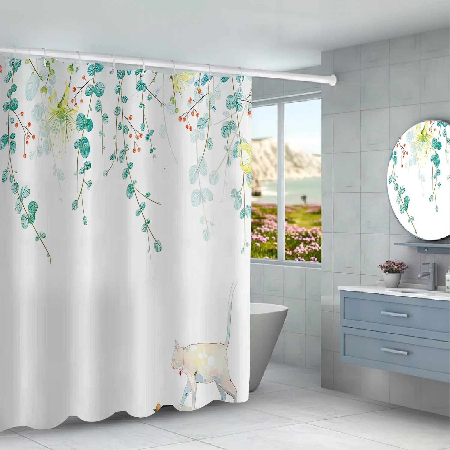 Ins Small Fresh Green Plant Printing Shower Curtain Home Bathroom Decor Waterproof And Mildew Proof Hanging Bath Curtains