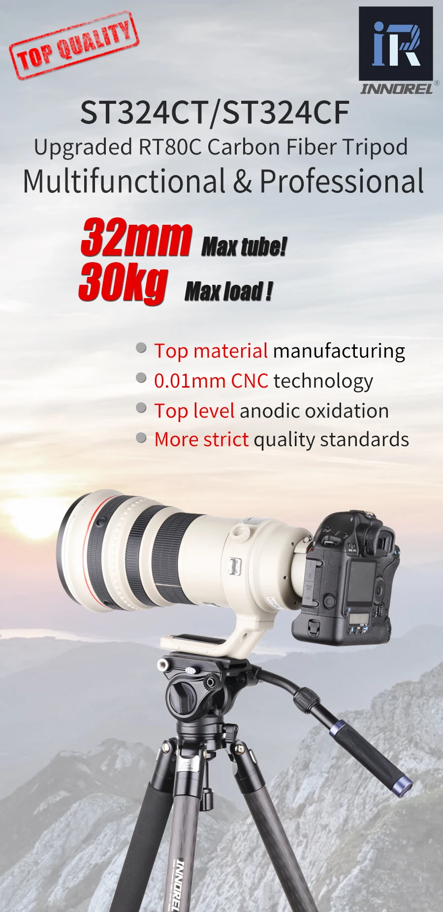 ST324CT/CF Professional 10 Layers Carbon Fiber Tripod for DSLR Camera Video Camcorder Birdwatching Heavy Duty Stand Bowl Adapter