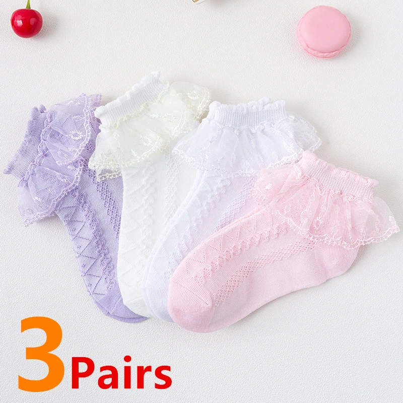 3 Pairs/Lot Girls Socks Spring Cotton Children Lace Flower Dance Sock Thin Mesh White Ruffle Frilly Kids Princess Socken