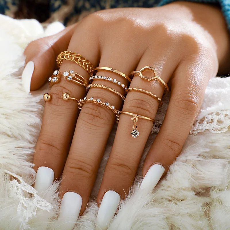 Trendy Boho Crystal Joint Ring Set For Women Geometric Knuckle Finger Rings Female Wedding Party Jewelry