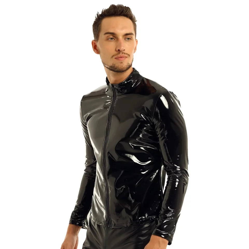 Mens Sexy Shiny Wetlook Leather Shirt Erotic Shaping Sheath Latex Casual Coat Male Glossy Metallic PVC Leather Jacket Tops Sexi