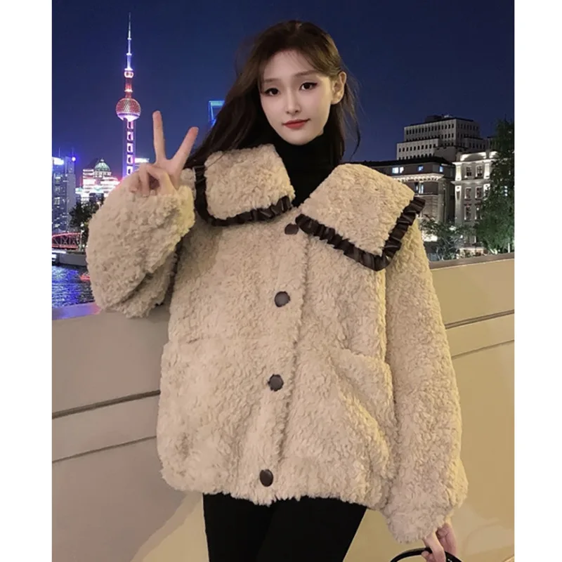 Doll Collar Lamb Plush Jacket Women 2024 Autumn Winter Thickened Warmth Loose Outwear Imitation Lambswool Cotton Coat Female