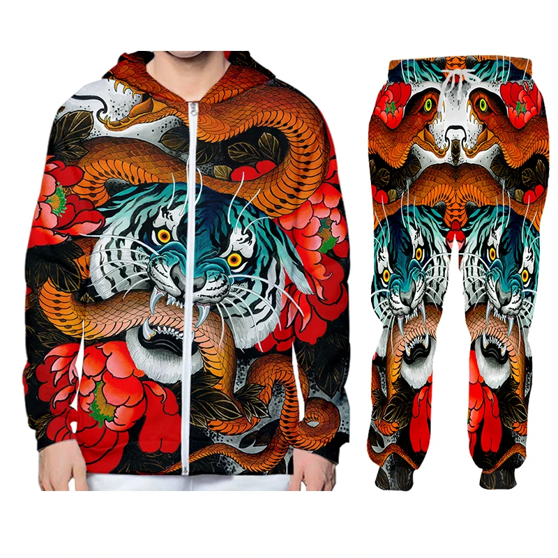 LCFA-Sweat à Capuche avec Fermeture Éclair pour Homme, Survêtement avec Impression 3D de Tigre, Costume Décontracté de Grande Taille, Manteau à la